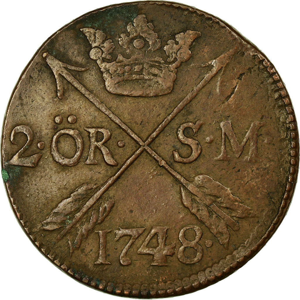Coin, Sweden, Frederick I, 2 Ore, S.M., 1748, VF(30-35), Copper, KM:437