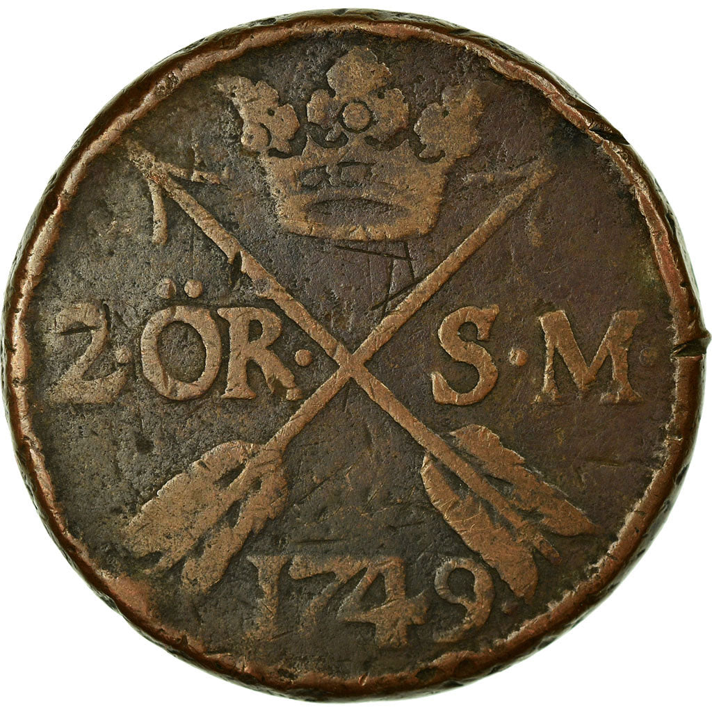 Coin, Sweden, Frederick I, 2 Ore, S.M., 1749, VF(20-25), Copper, KM:437