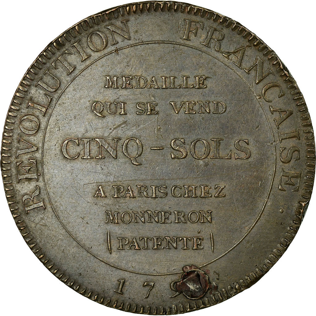 Coin, France, Monneron à l'Hercule, 5 Sols, 1792, VF(30-35), Bronze