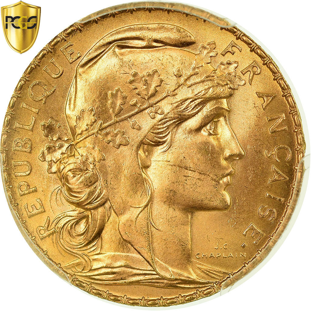 Coin, France, Marianne, 20 Francs, 1908, PCGS, MS65, Gold, KM:857, graded