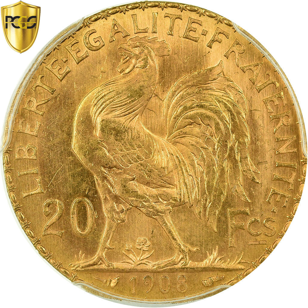 Coin, France, Marianne, 20 Francs, 1908, PCGS, MS65, Gold, KM:857, graded