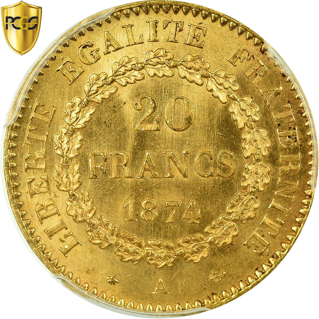 Coin, France, Génie, 20 Francs, 1874, Paris, PCGS, MS64, Gold, KM:825, graded