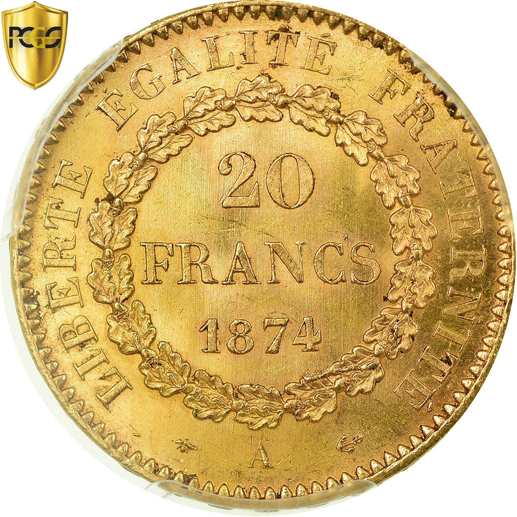 Coin, France, Génie, 20 Francs, 1874, Paris, PCGS, MS65, Gold, KM:825, graded