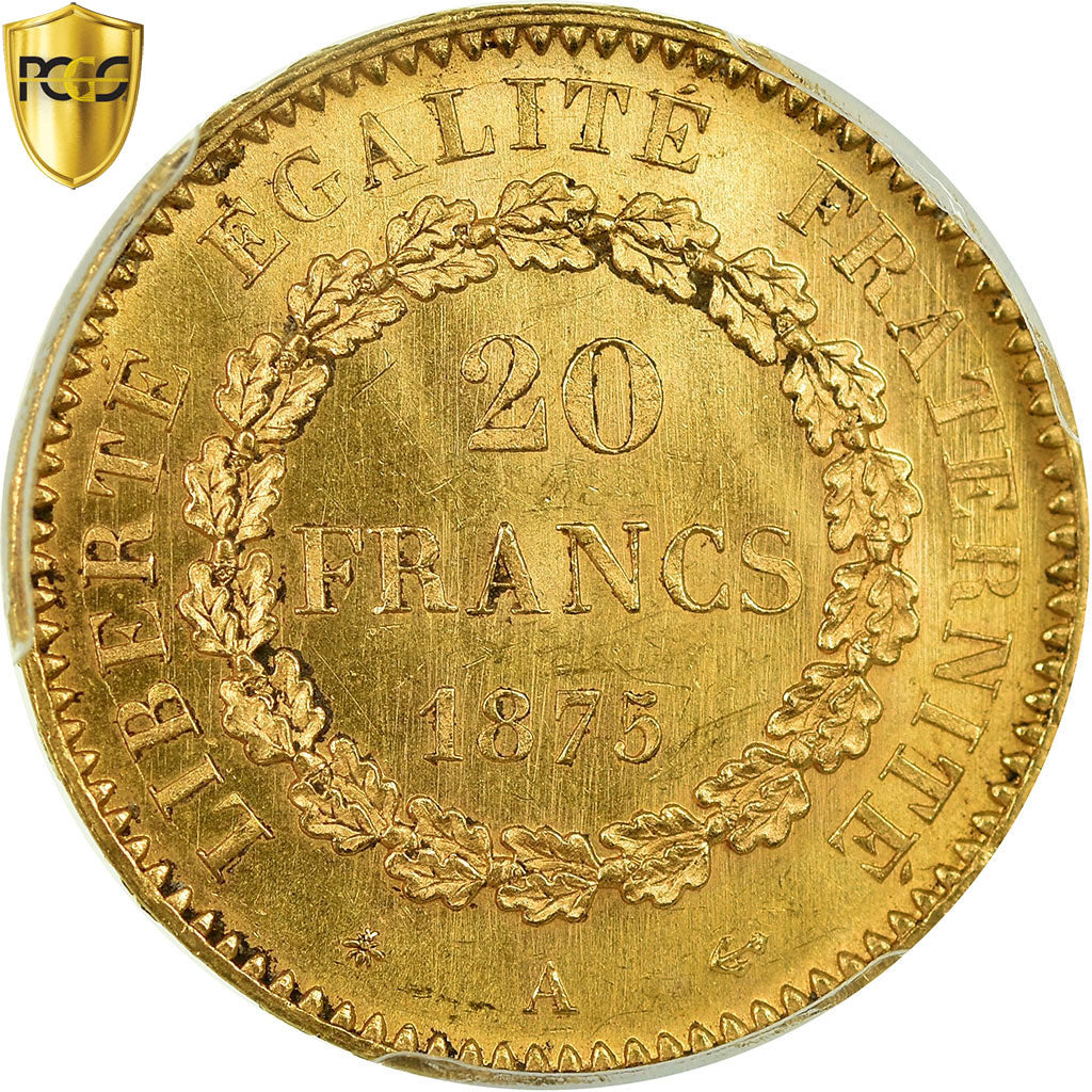 Coin, France, Génie, 20 Francs, 1875, Paris, PCGS, MS64, Gold, KM:825, graded