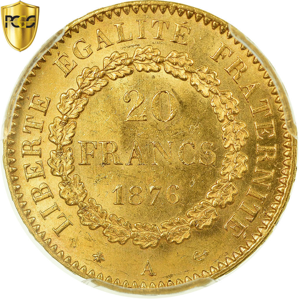 Coin, France, Génie, 20 Francs, 1876, Paris, PCGS, MS64, Gold, KM:825, graded