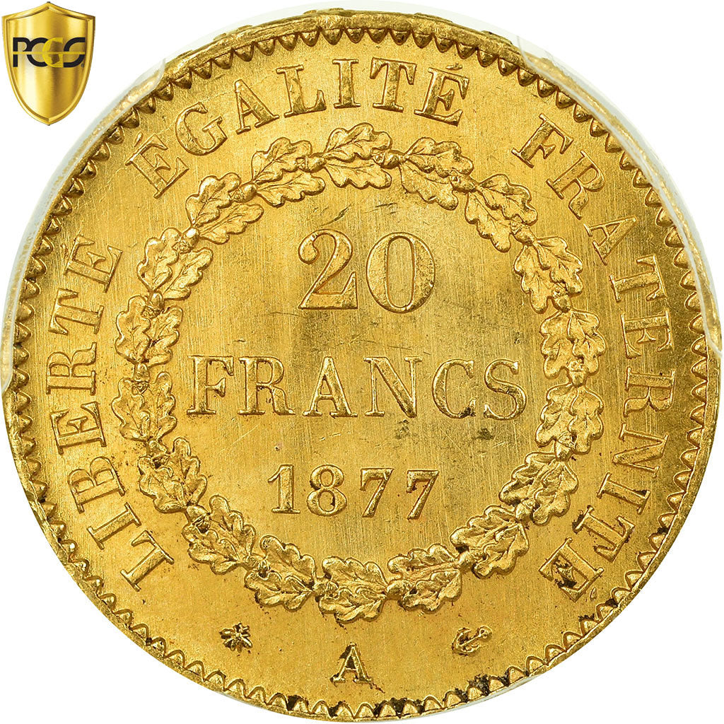 Coin, France, Génie, 20 Francs, 1877, Paris, PCGS, MS65, Gold, KM:825, graded