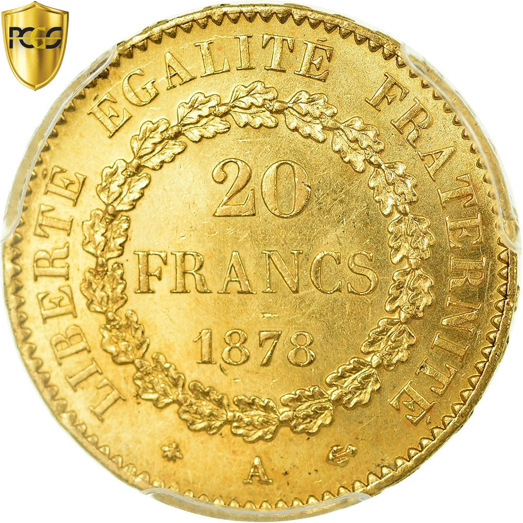 Moneta, Francia, Génie, 20 Francs, 1878, Paris, PCGS, MS64, Oro, KM:825