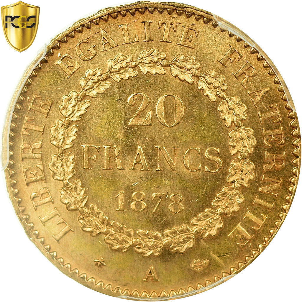 Coin, France, Génie, 20 Francs, 1878, Paris, PCGS, MS65, Gold, KM:825, graded