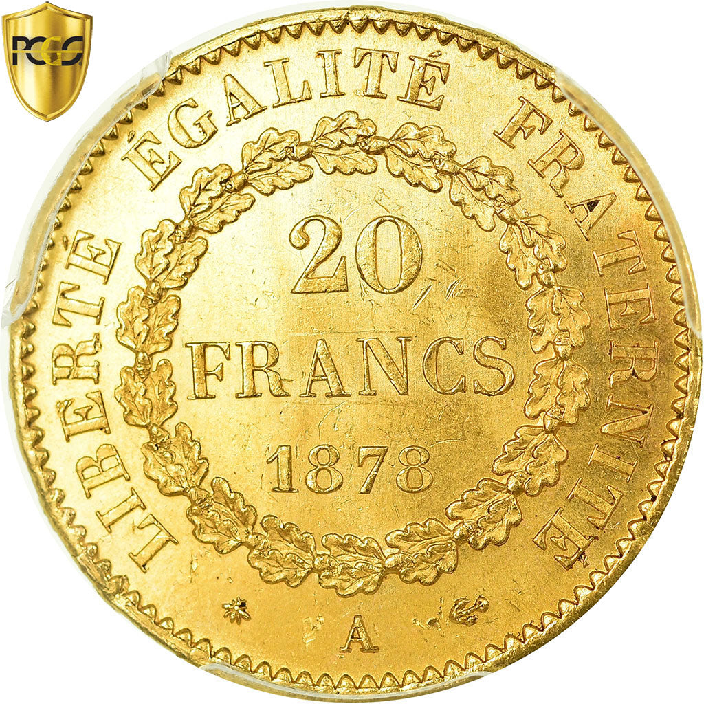Coin, France, Génie, 20 Francs, 1878, Paris, PCGS, MS65, Gold, KM:825, graded