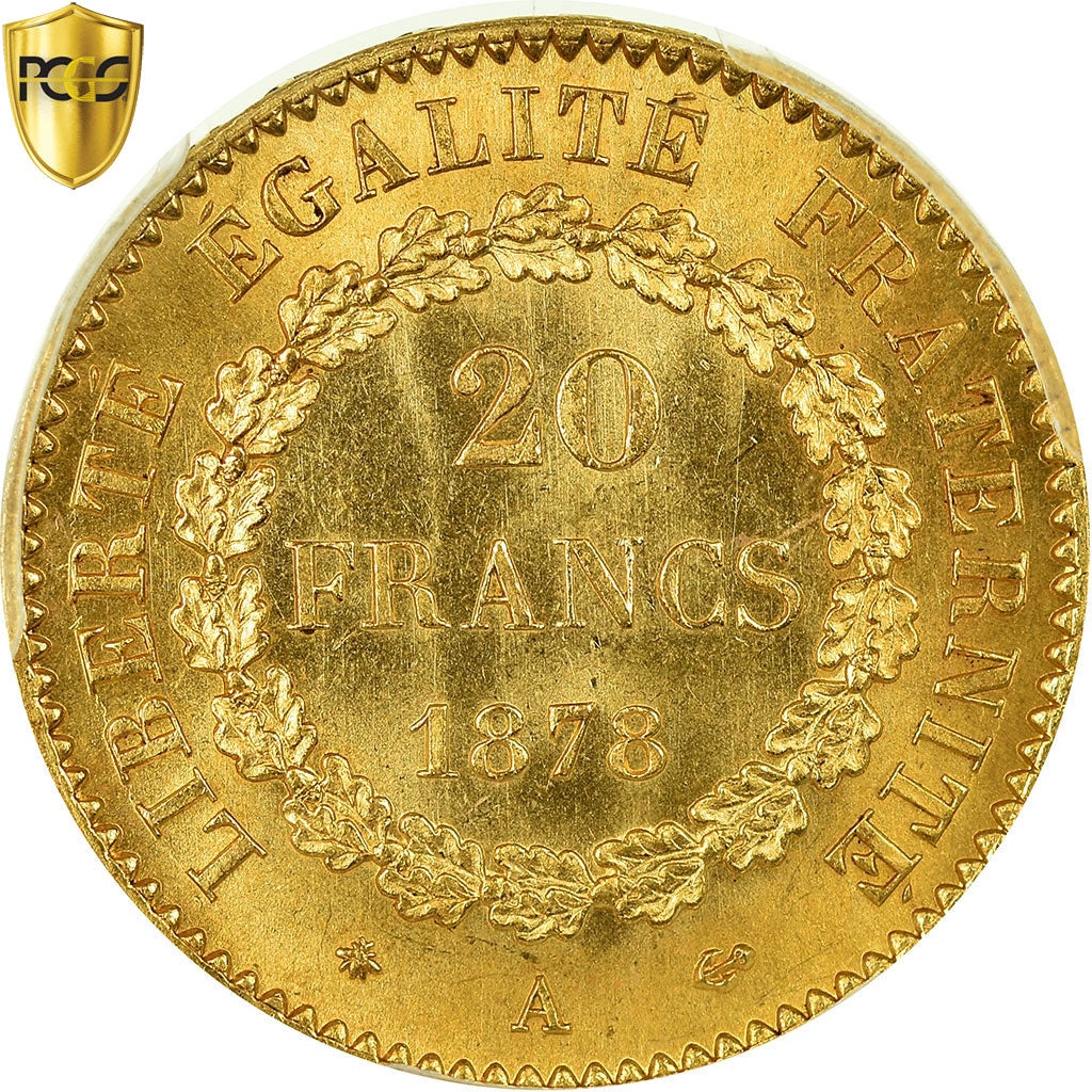 Moneda, Francia, Génie, 20 Francs, 1878, Paris, PCGS, MS66, Oro, KM:825