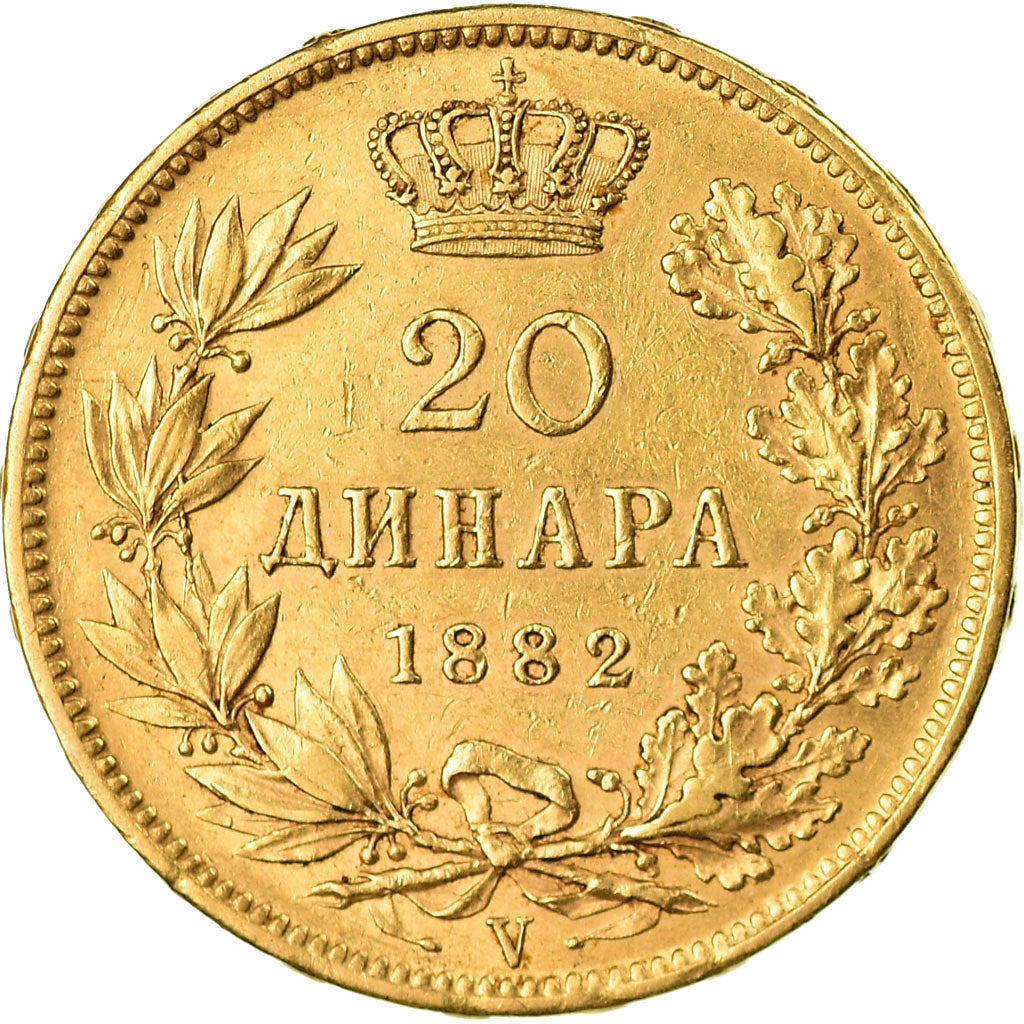 Moneta, Serbia, Milan I, 20 Dinara, 1882, AU(50-53), Złoto, KM:17.1