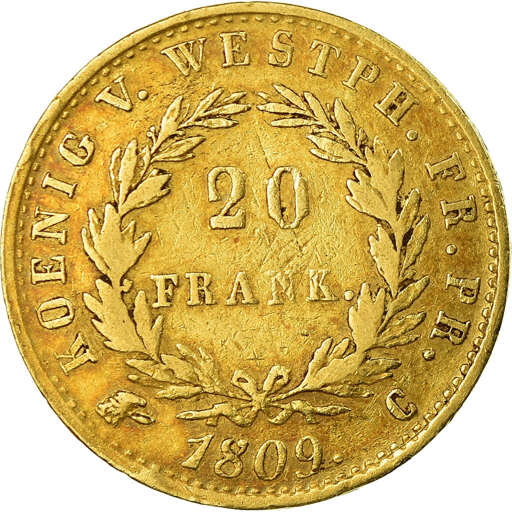 Coin, German States, WESTPHALIA, Jerome, 20 Franken, 1809, Cassel, VF(30-35)