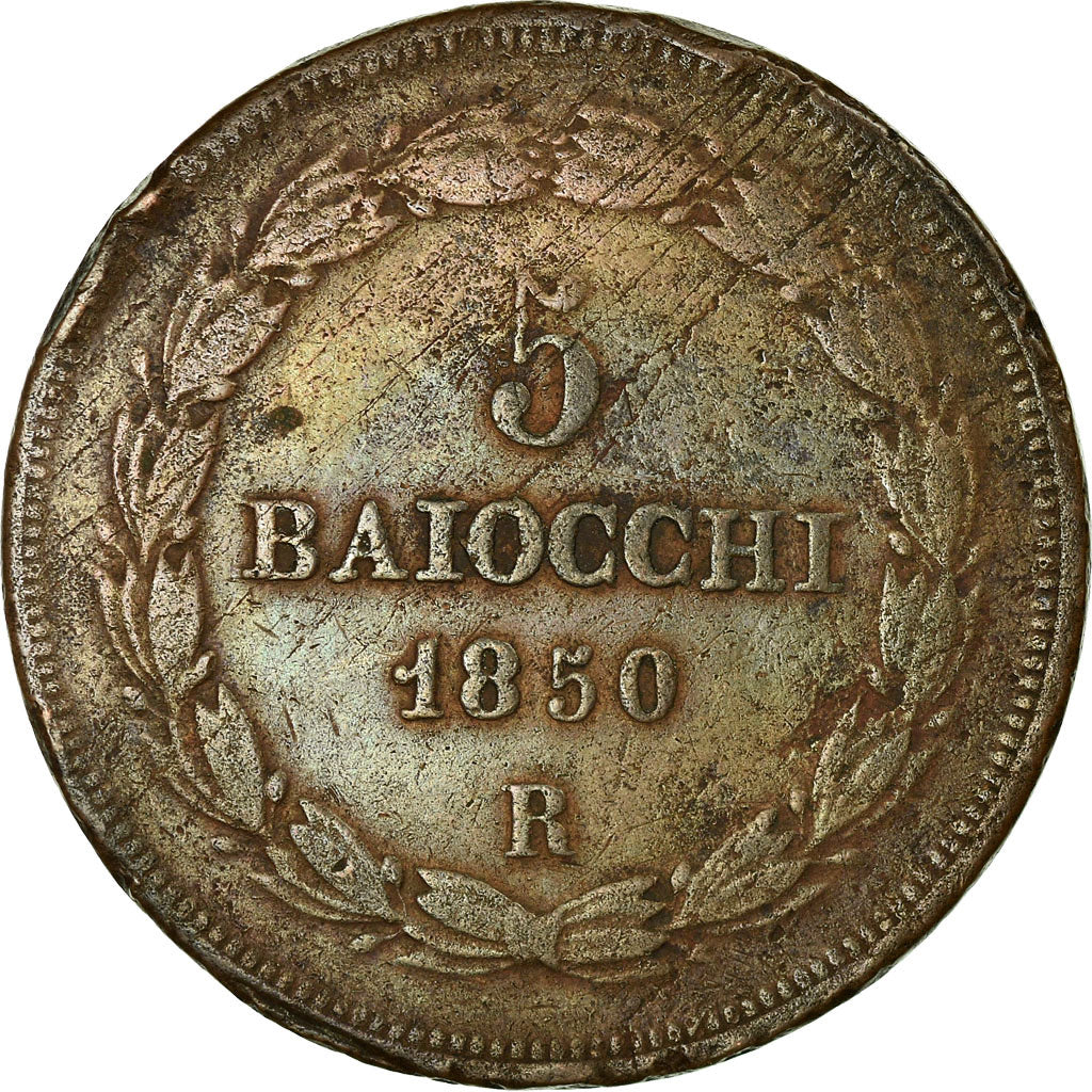 Moneta, STATI ITALIANI, PAPAL STATES, Pius IX, 5 Baiocchi, 1850, MB, Rame