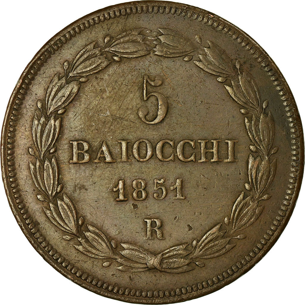 Munten, Italiaanse staten, PAPAL STATES, Pius IX, 5 Baiocchi, 1851, Roma, ZF