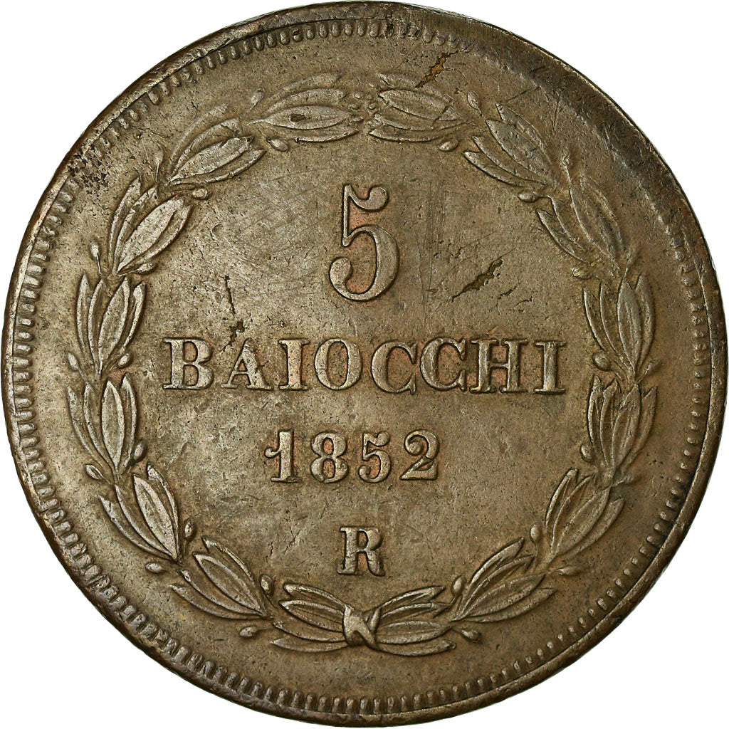 Moneda, Estados italianos, PAPAL STATES, Pius IX, 5 Baiocchi, 1852, Roma, MBC