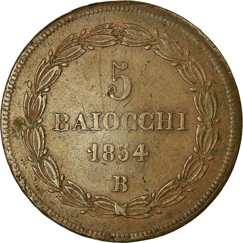 Coin, ITALIAN STATES, PAPAL STATES, Pius IX, 5 Baiocchi, 1854, Bologna