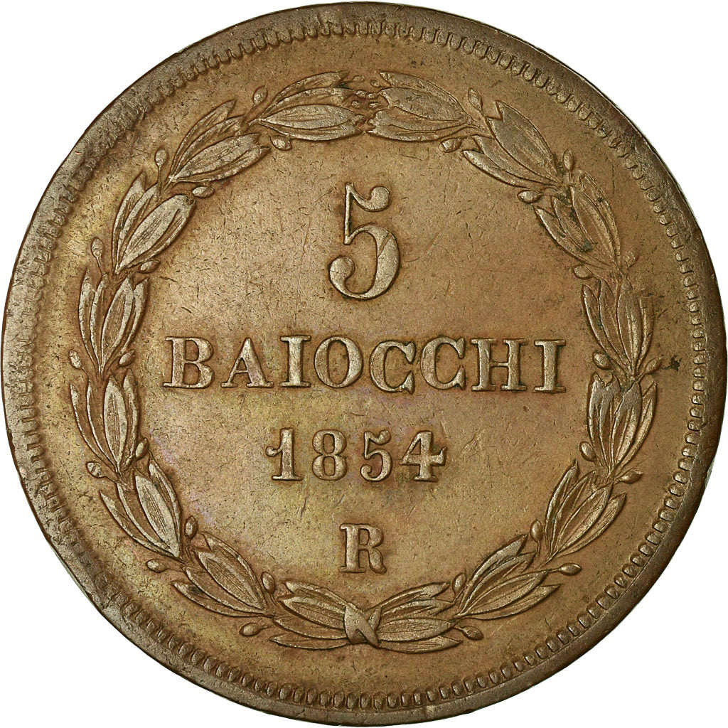 Moneda, Estados italianos, PAPAL STATES, Pius IX, 5 Baiocchi, 1854, Roma, MBC+