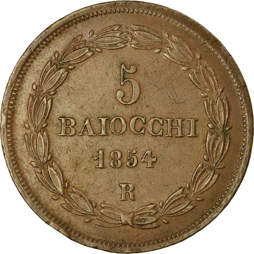 Moneda, Estados italianos, PAPAL STATES, Pius IX, 5 Baiocchi, 1854, Roma, MBC