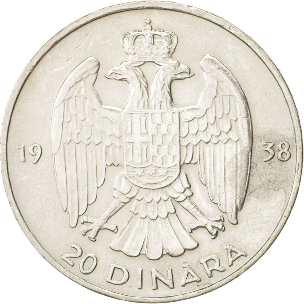 Yugoslavia, Petar II, 20 Dinara, 1938, AU, Silver, KM:23