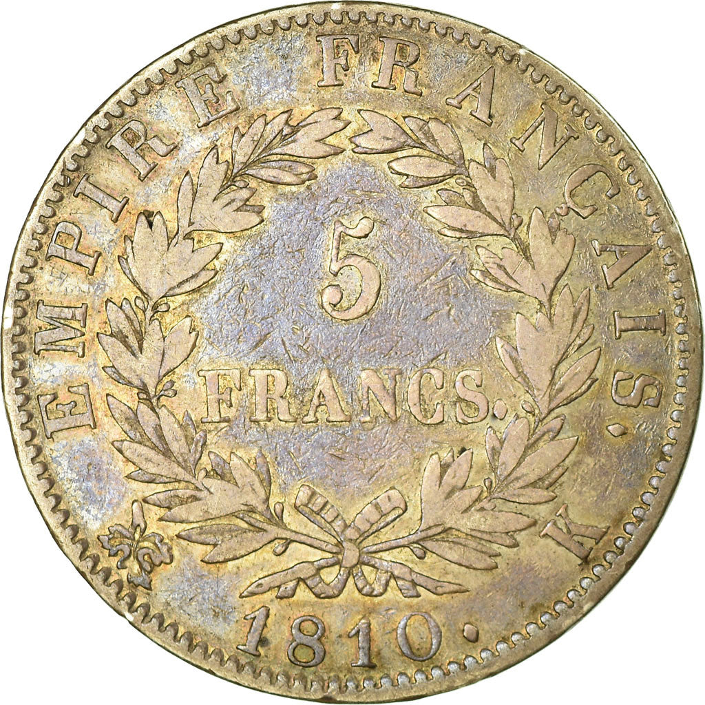 Moeda, França, Napoléon I, 5 Francs, 1810, Bordeaux, VF(30-35), Prata