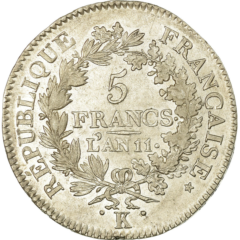 Coin, France, Union et Force, 5 Francs, AN 11, Bordeaux, AU(50-53), Silver