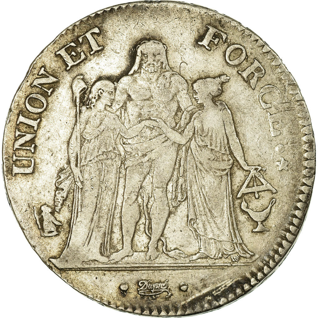 Moneta, Francia, Union et Force, 5 Francs, AN 7, Bordeaux, MB+, Argento
