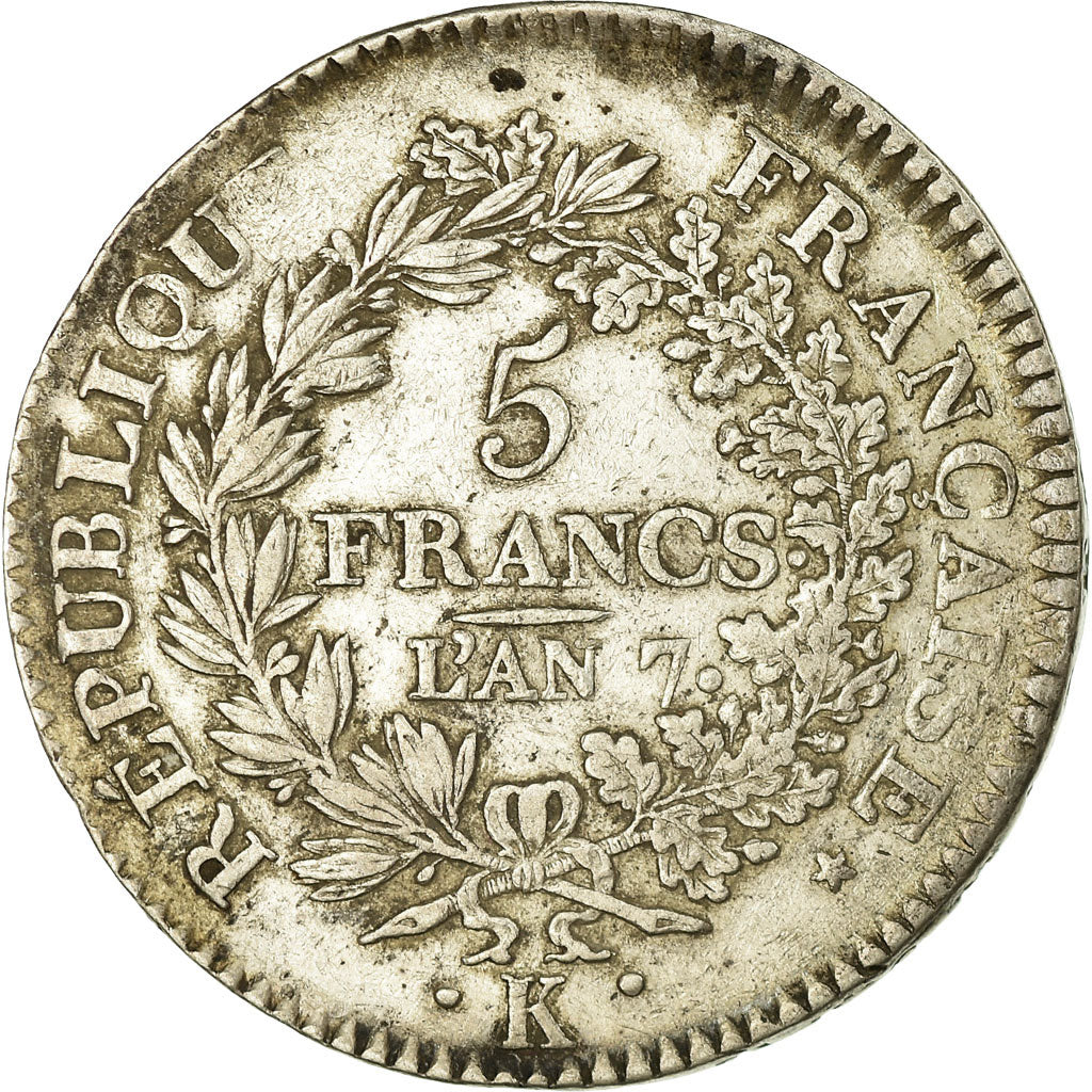 Moneta, Francia, Union et Force, 5 Francs, AN 7, Bordeaux, MB+, Argento