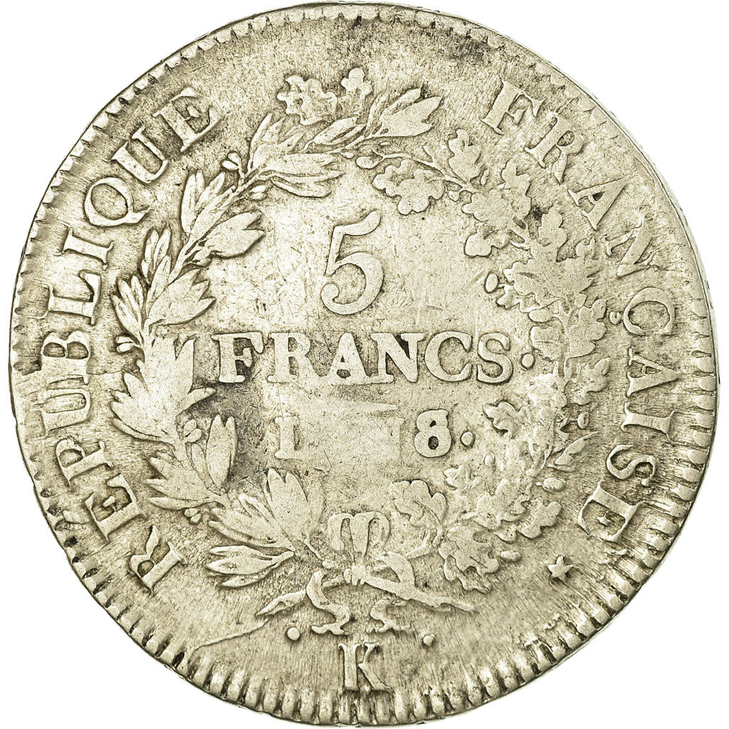 Moneda, Francia, Union et Force, 5 Francs, AN 8, Bordeaux, AN 8/6, BC+, Plata