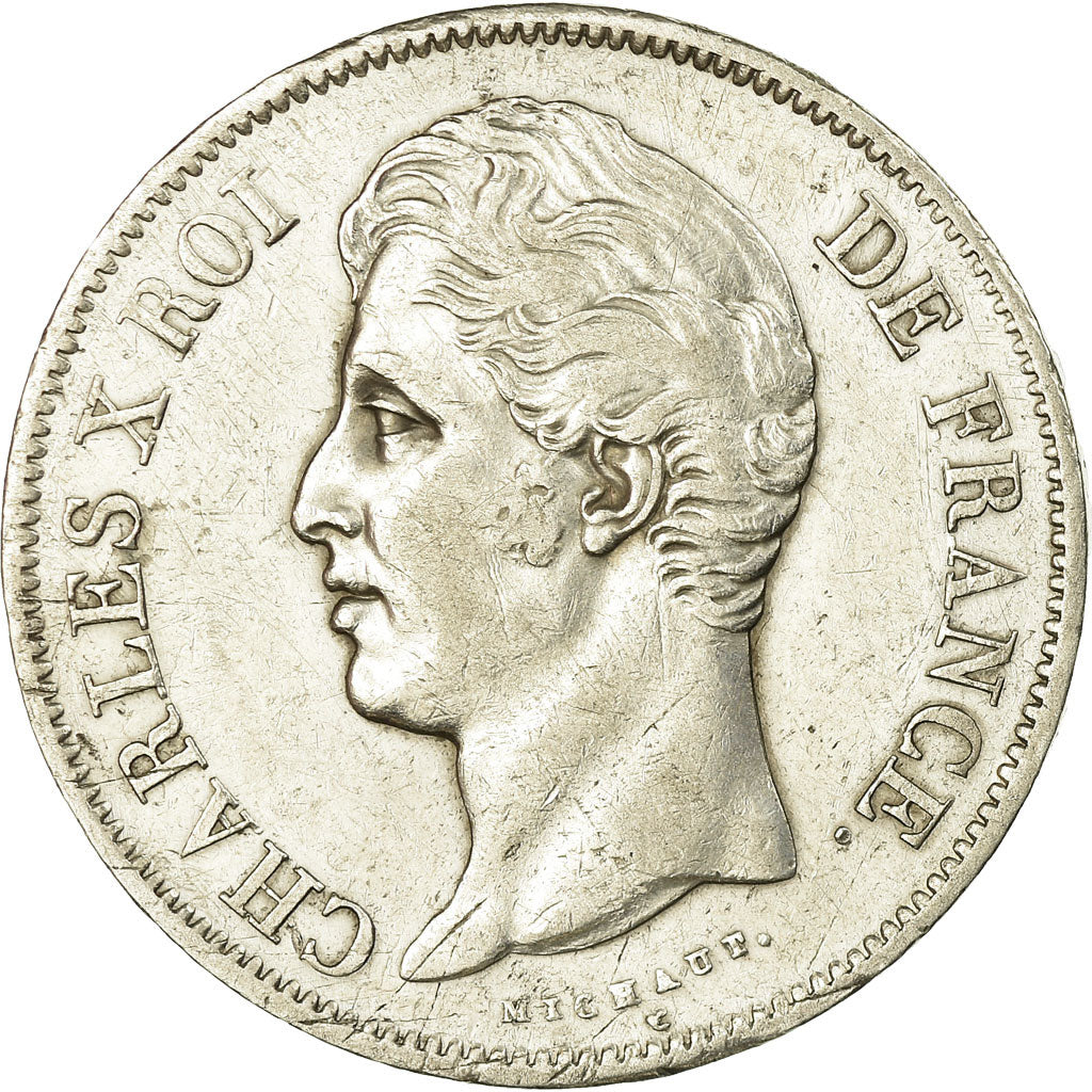 Moneda, Francia, Charles X, 5 Francs, 1827, Bordeaux, MBC, Plata, KM:728.7
