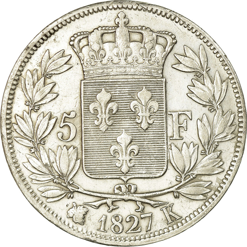 Moneda, Francia, Charles X, 5 Francs, 1827, Bordeaux, MBC, Plata, KM:728.7