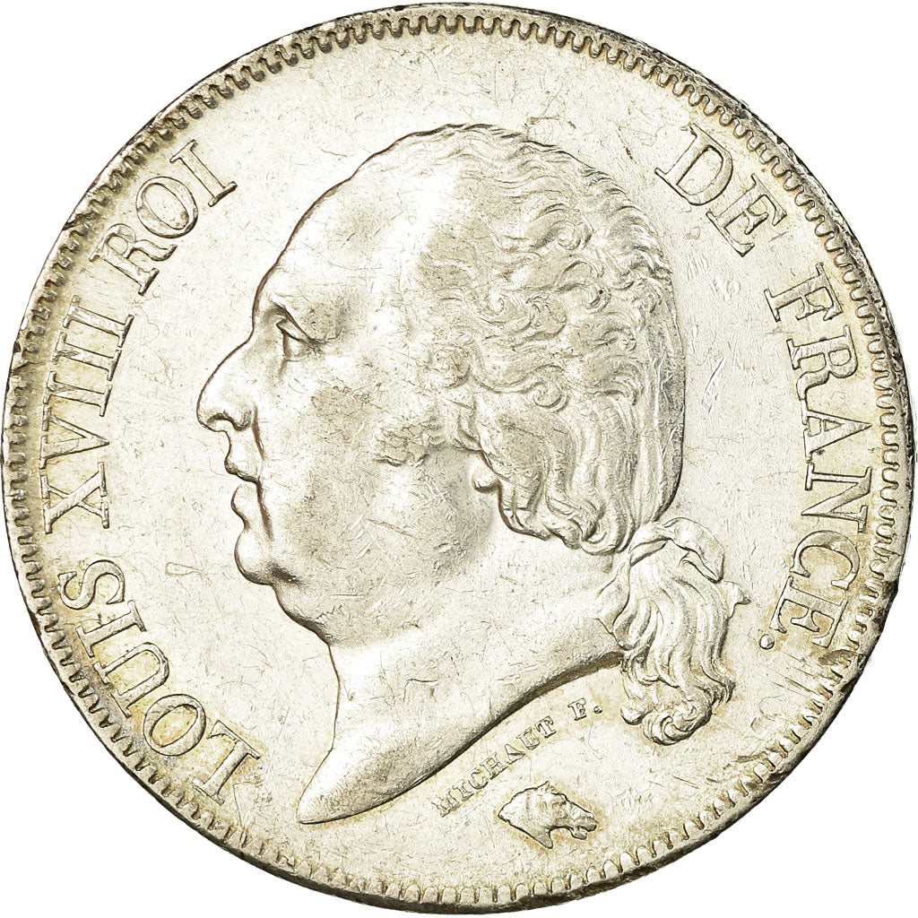 Coin, France, Louis XVIII, 5 Francs, 1824, Bordeaux, EF(40-45), Silver