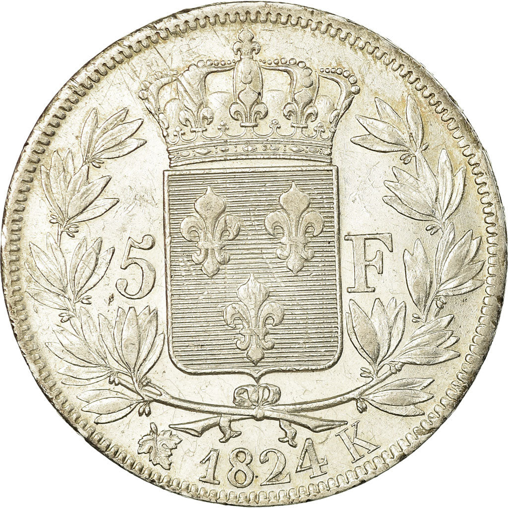 Coin, France, Louis XVIII, 5 Francs, 1824, Bordeaux, EF(40-45), Silver