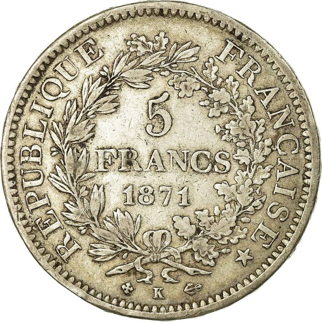 Moneda, Francia, Hercule, 5 Francs, 1871, Bordeaux, MBC, Plata, KM:820.2