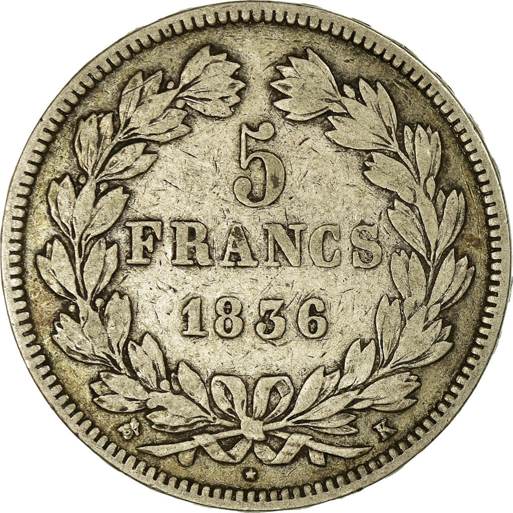 Moneda, Francia, Louis-Philippe, 5 Francs, 1836, Bordeaux, BC+, Plata, KM:749.7