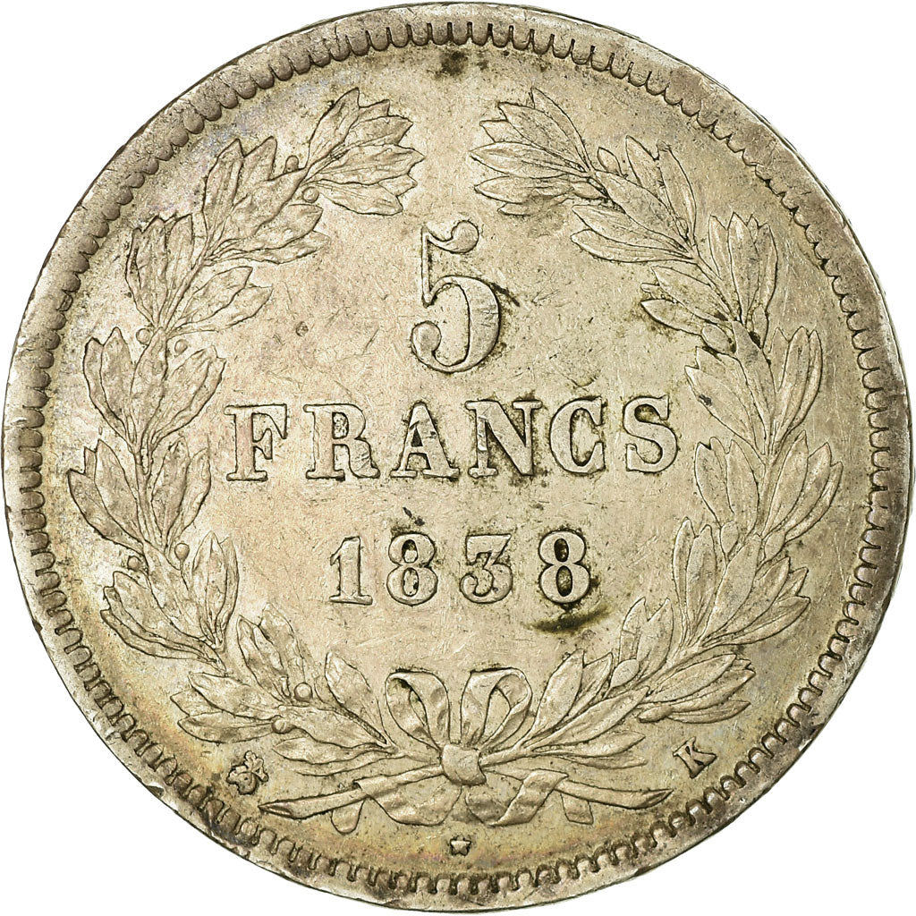 Coin, France, Louis-Philippe, 5 Francs, 1838, Bordeaux, EF(40-45), Silver