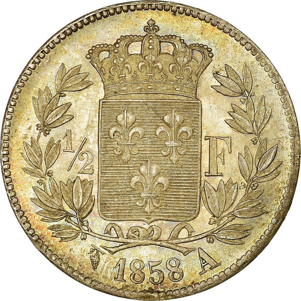 Moeda, França, Henri V, 1/2 Franc, 1858, ENSAIO, MS(63), Prata, Gadoury:407