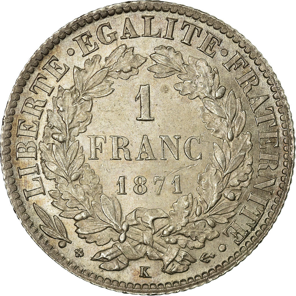 Coin, France, Cérès, Franc, 1871, Bordeaux, MS(63), Silver, KM:822.2