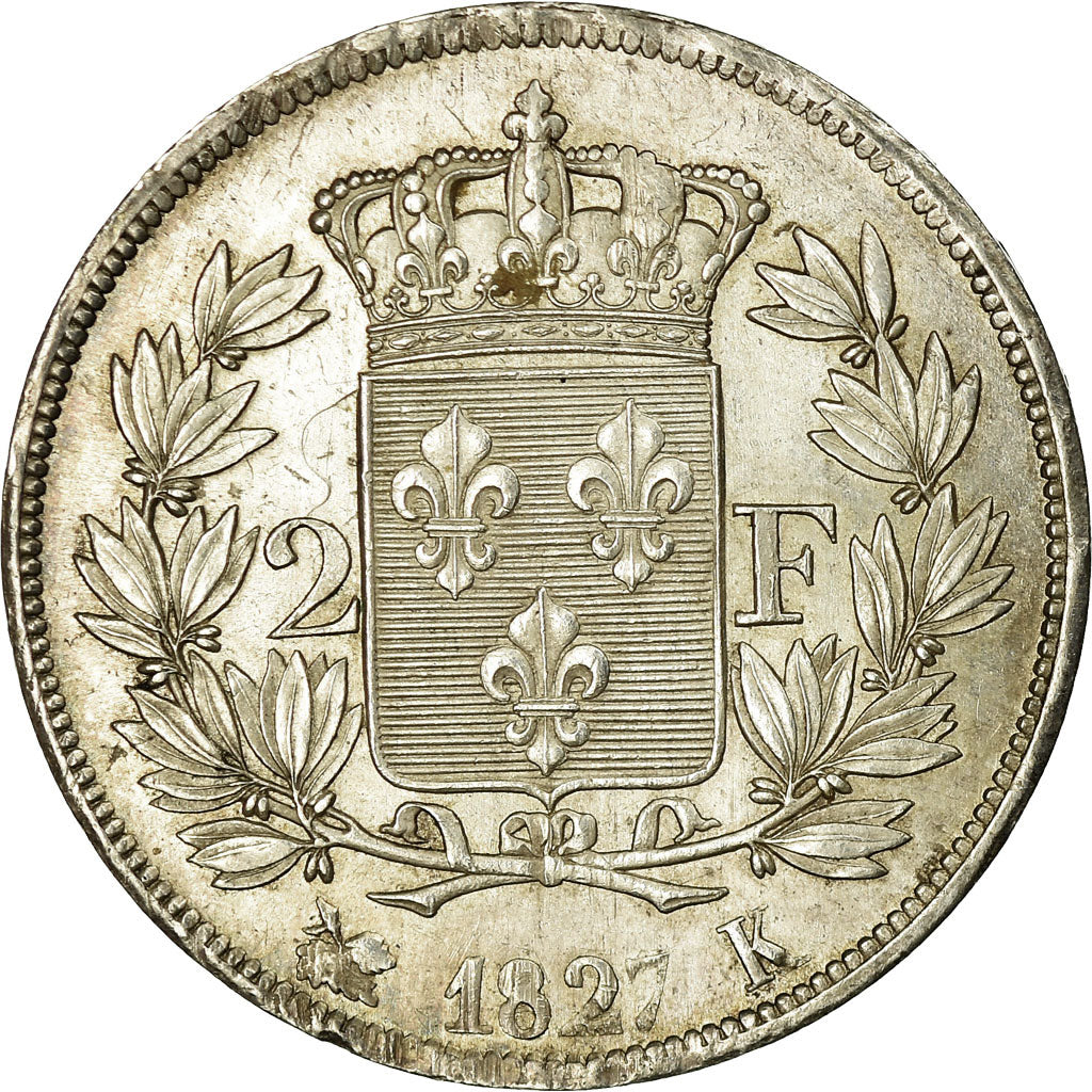 Coin, France, Charles X, 2 Francs, 1827, Bordeaux, MS(60-62), Silver, KM:725.7