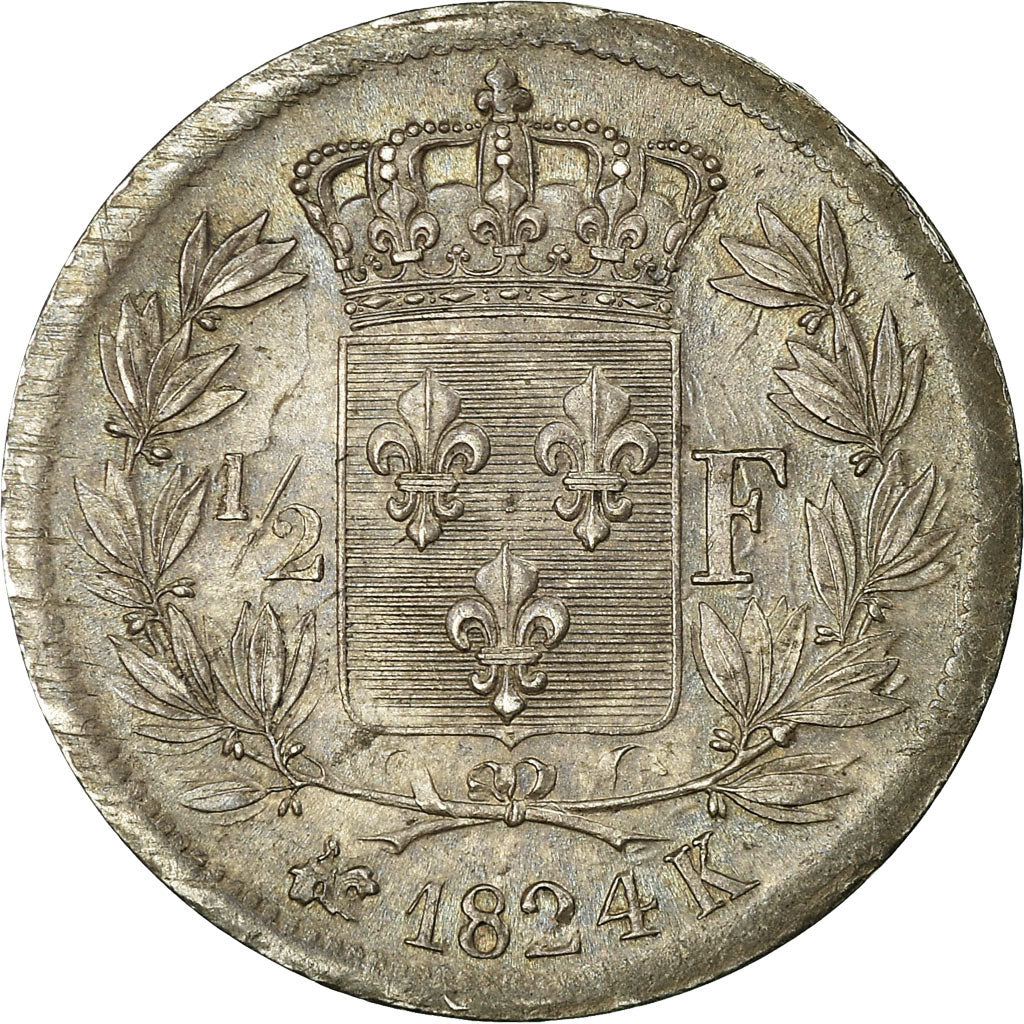 Moeda, França, Louis XVIII, Louis XVIII, 1/2 Franc, 1824, Bordeaux, MS(60-62)