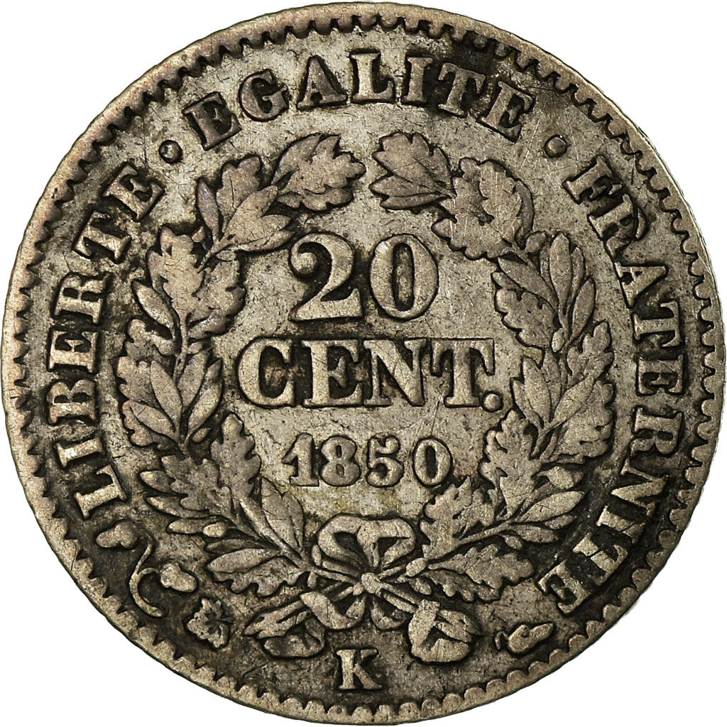 Moneda, Francia, Cérès, 20 Centimes, 1850, Bordeaux, BC+, Plata, KM:758.3
