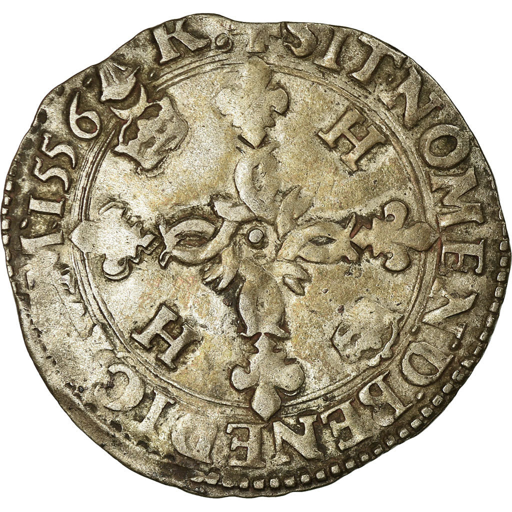 Coin, France, Henri II, Douzain aux croissants, 1556, Bordeaux, VF(30-35)