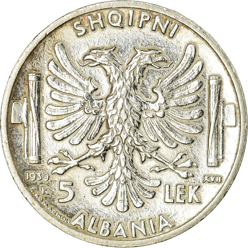 Coin, Albania, Vittorio Emanuele III, 5 Lek, 1939, Rome, EF(40-45), Silver