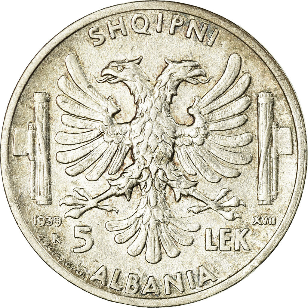 Monnaie, Albania, Vittorio Emanuele III, 5 Lek, 1939, Rome, TTB, Argent, KM:33