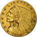 Moneta, USA, Indian Head, $2.50, Quarter Eagle, 1908, U.S. Mint, Philadelphia