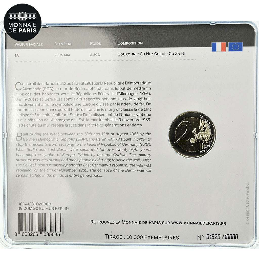 France, Monnaie de Paris, 2 Euro, Chute du Mur de Berlin, 2019, Plaquette BU