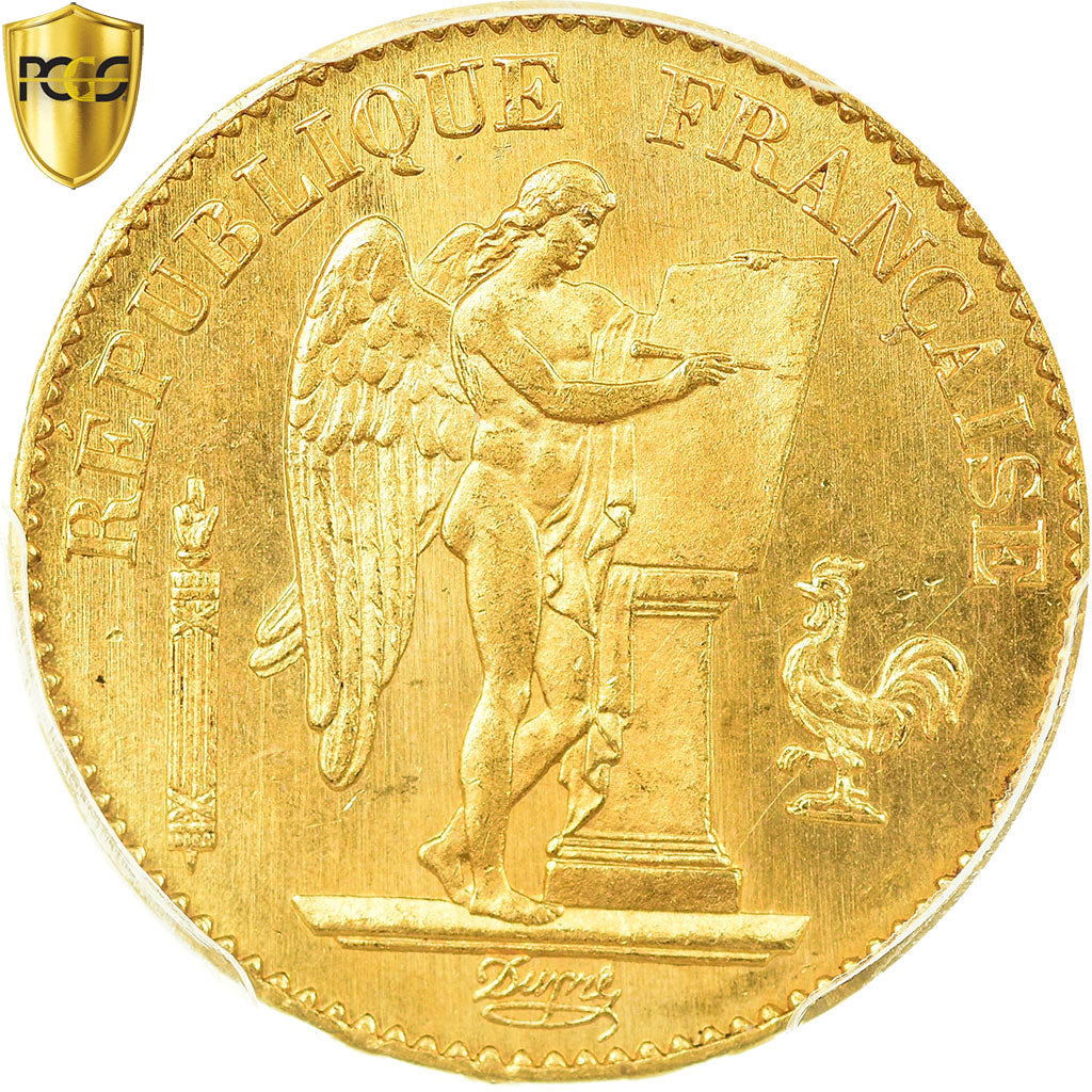 Moeda, França, Génie, 20 Francs, 1876, Paris, PCGS, MS65, MS(65-70), Dourado