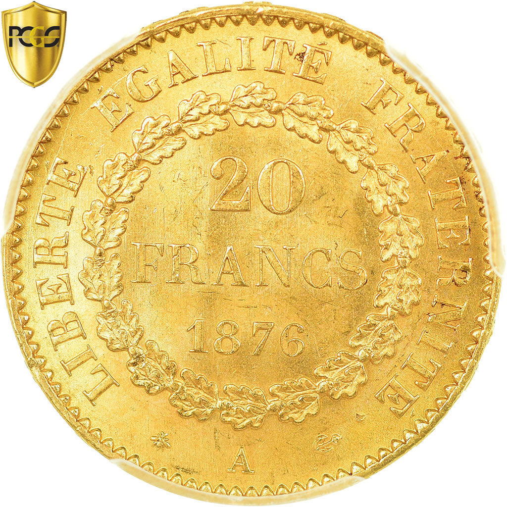Moeda, França, Génie, 20 Francs, 1876, Paris, PCGS, MS65, MS(65-70), Dourado