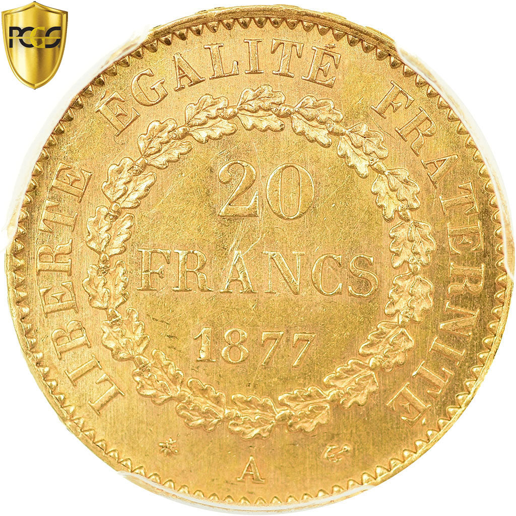 Coin, France, Génie, 20 Francs, 1877, Paris, PCGS, MS64, Gold, KM:825, graded