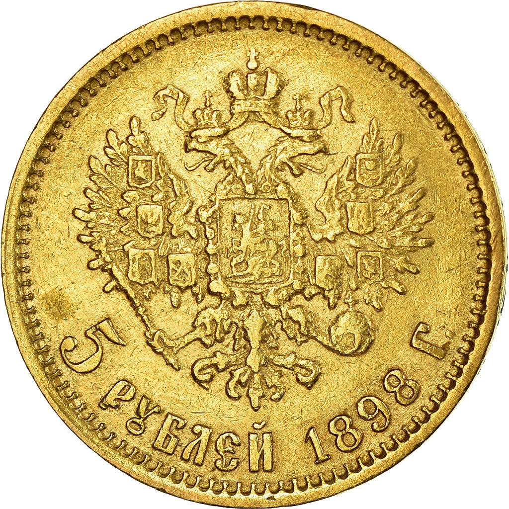 Munten, Rusland, Nicholas II, 5 Roubles, 1898, St. Petersburg, ZF, Goud, KM:62