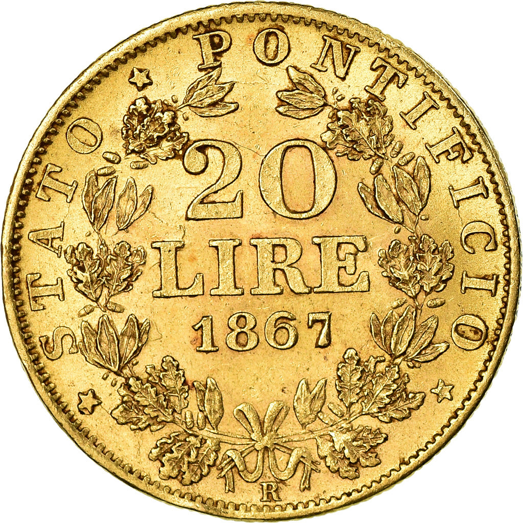 Moneda, Estados italianos, PAPAL STATES, Pius IX, 20 Lire, 1867, Roma, MBC+